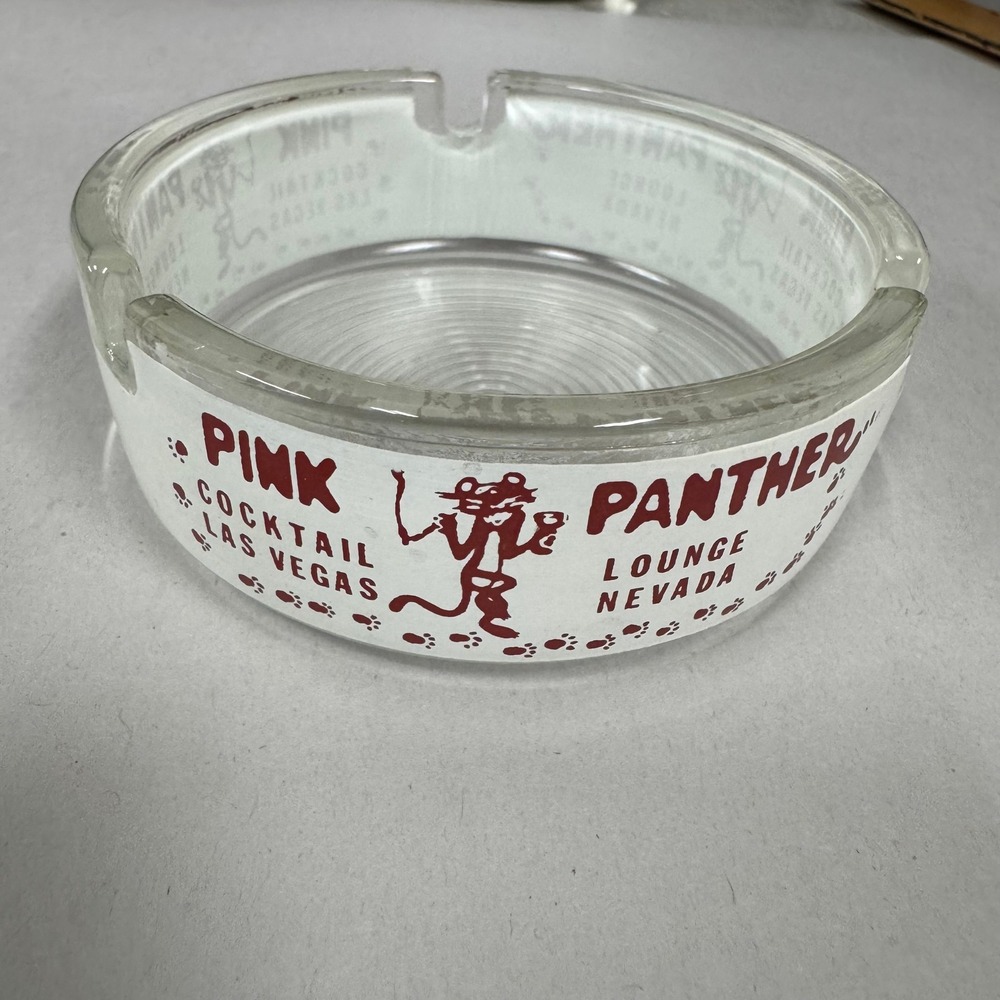 Vintage Pink‎ Panther Cocktail Lounge Las Vegas Nevada Glass Ashtray Clear Red